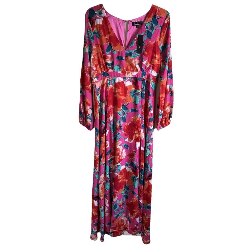 Lulu’s NWT Carolina Maxi Dress XL Magenta Floral Long Sleeve Wedding Guest